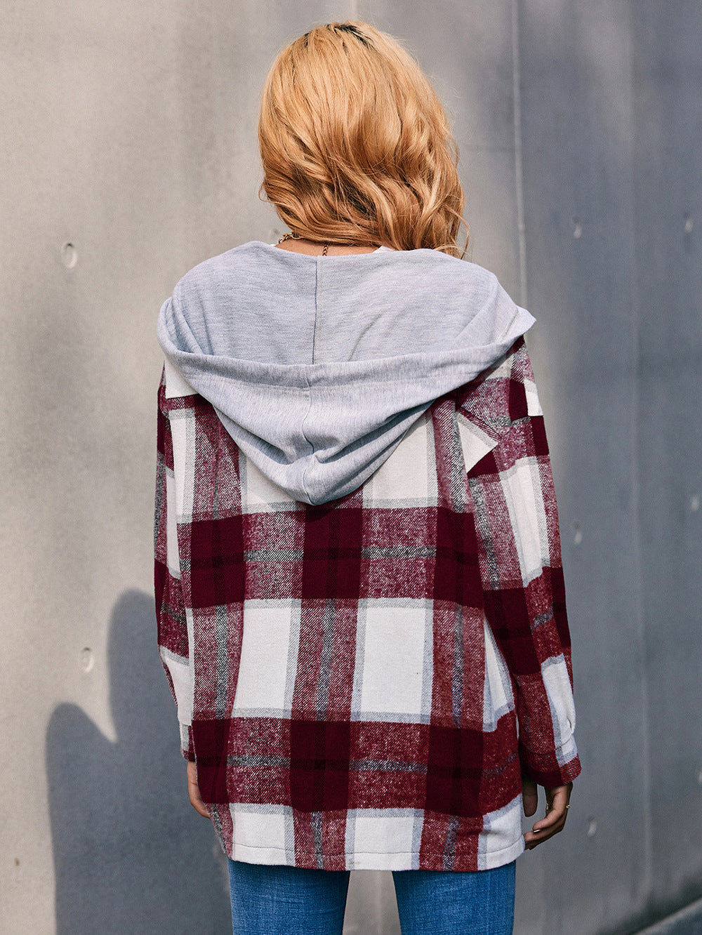 Plaid Dropped Shoulder Hooded Jacket - T - 4 COLORS -