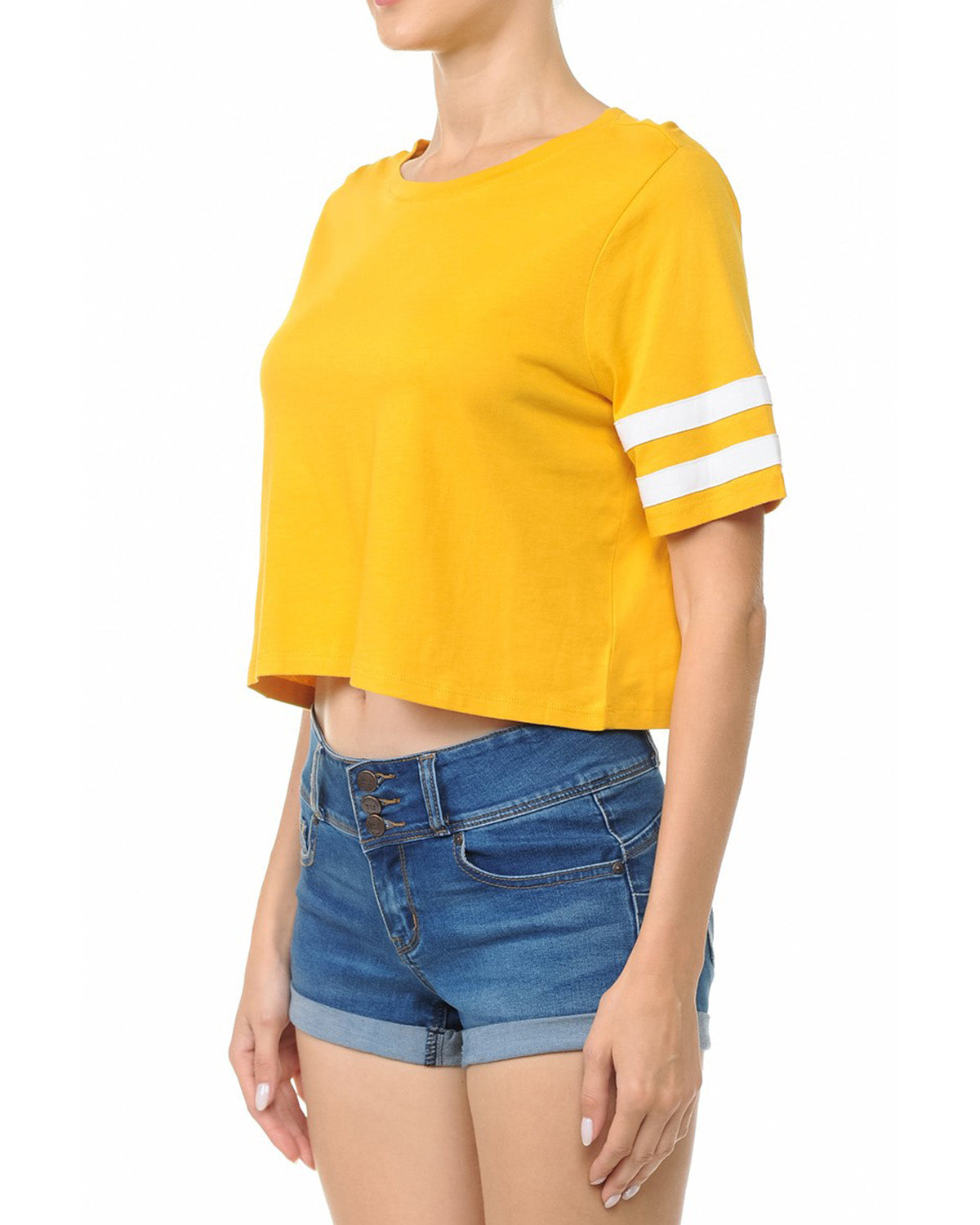 Women's Short Sleeve Crewneck Baseball Varsity Stripe Crop Top Tee - 1 COLOR -