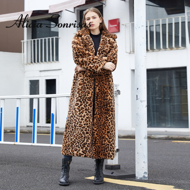 Sharon Tatem - Faux Fur - Leopard Print - Rabbit Tailored Collar - Warm Thick X-Long Coat Long Sleeve Jacket -