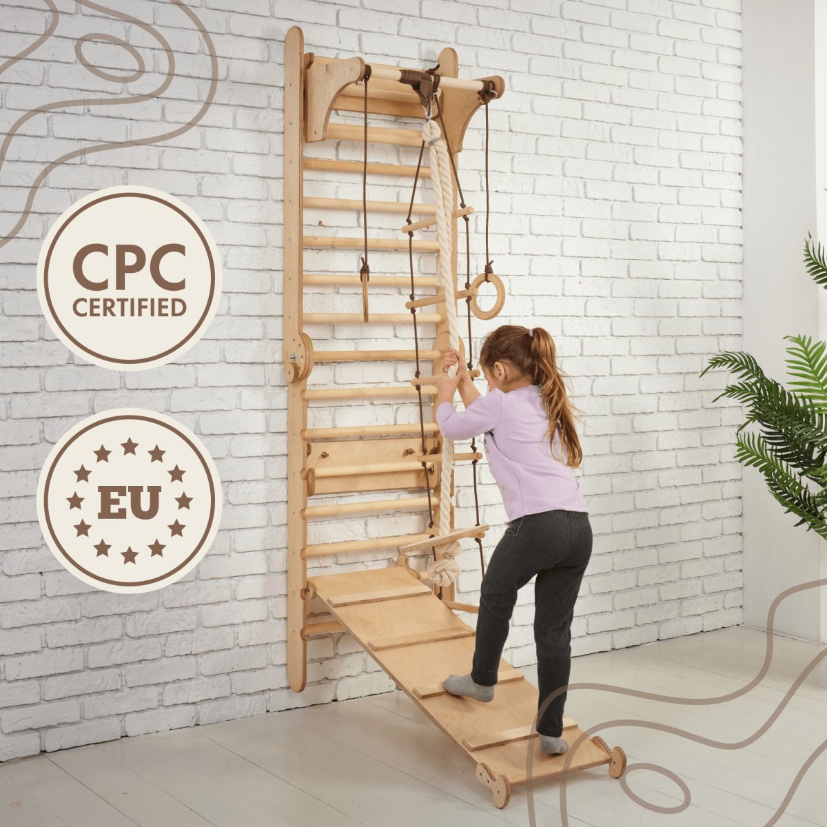 3in1: Wooden Swedish Wall / Climbing Ladder for Children + Swing Set + Slide Board