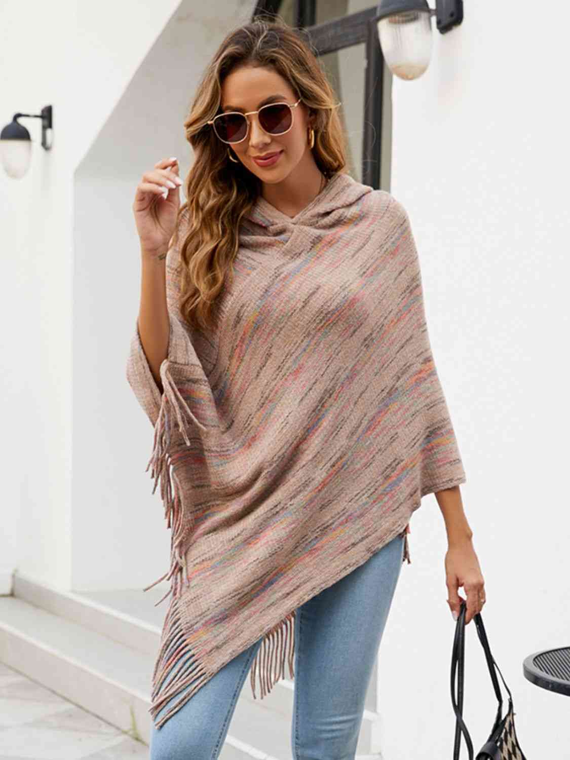 Fringe Hem Hooded Poncho - T - 5 COLORS -