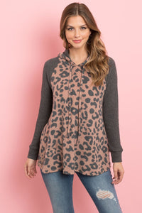 Thumbnail for Riah Fashion - Waffle Sleeve Leopard Drawstring Hoodie - 3 COLORS -