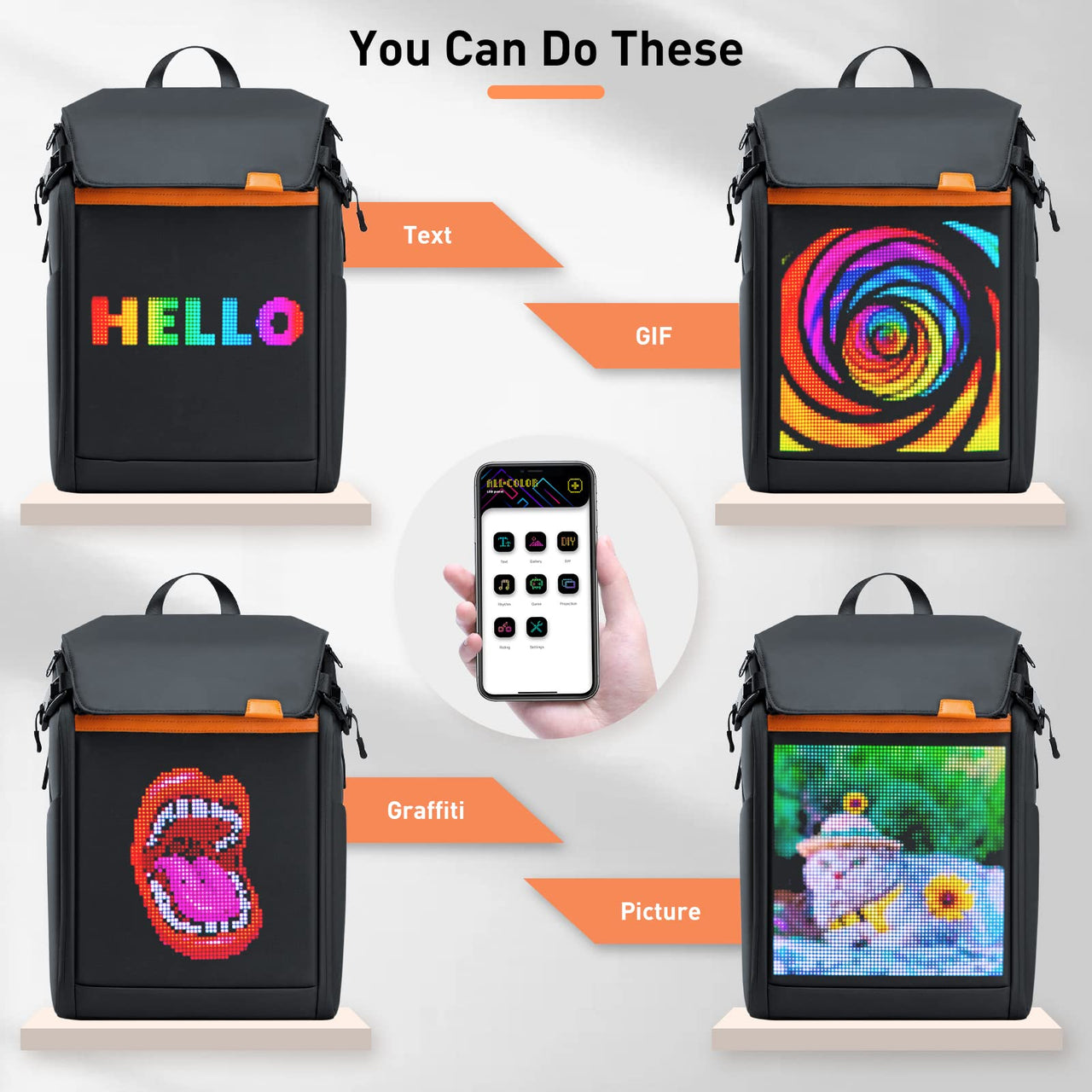 LED Backpack - APP Control DIY Customized Image Video Smart LED Display Backpack for EVERYONE! - Multiple displays - Programmable for LIVE turn Signaling Display - [6-10 DAY DELIVERY] - CHECK ME OUT! - 1 COLOR -