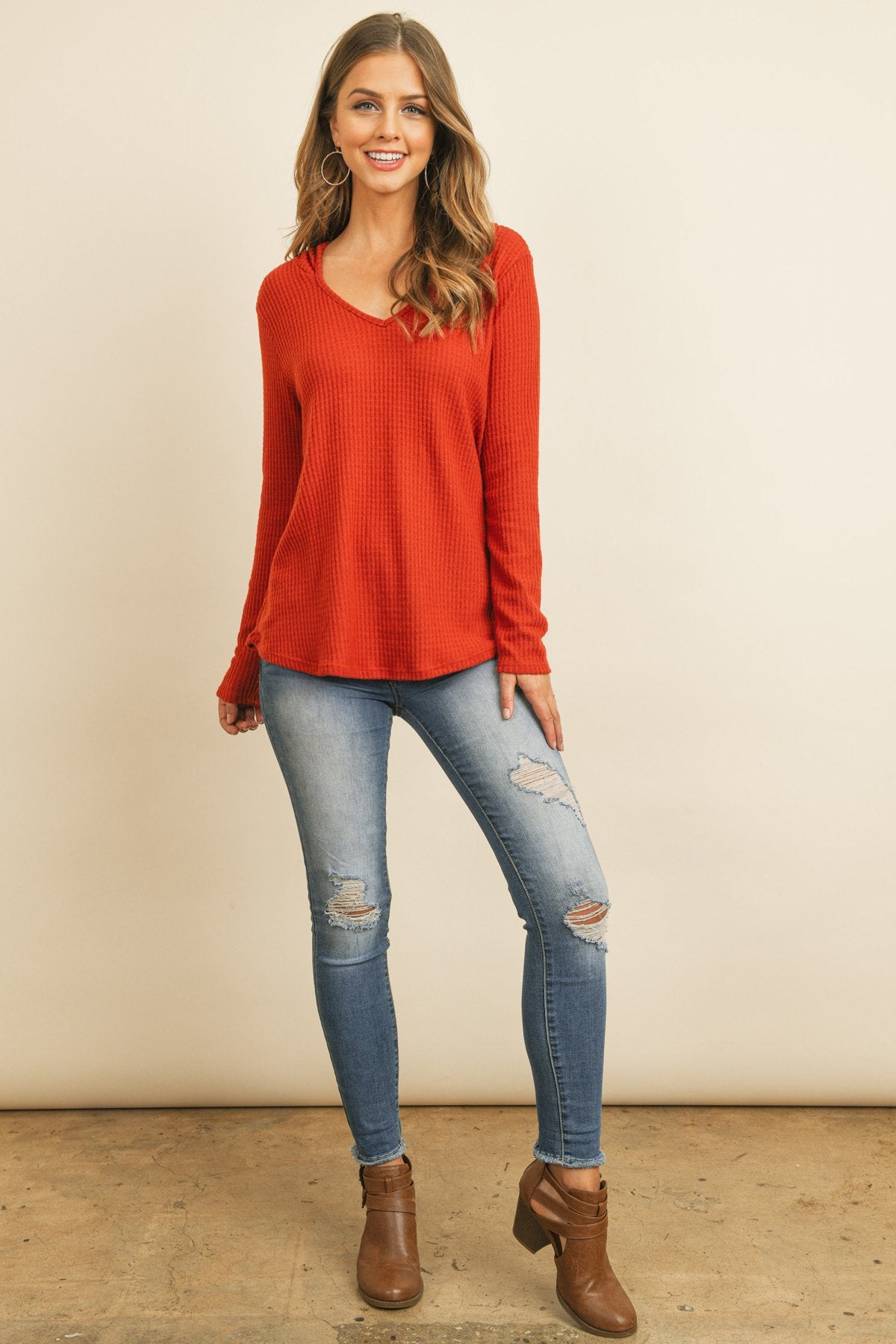 Riah Fashion - V-Neck Long Sleeved Waffle Top - 7 COLORS -