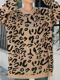 Thumbnail for Leopard Round Neck Tunic Sweater - T - 3 COLORS -