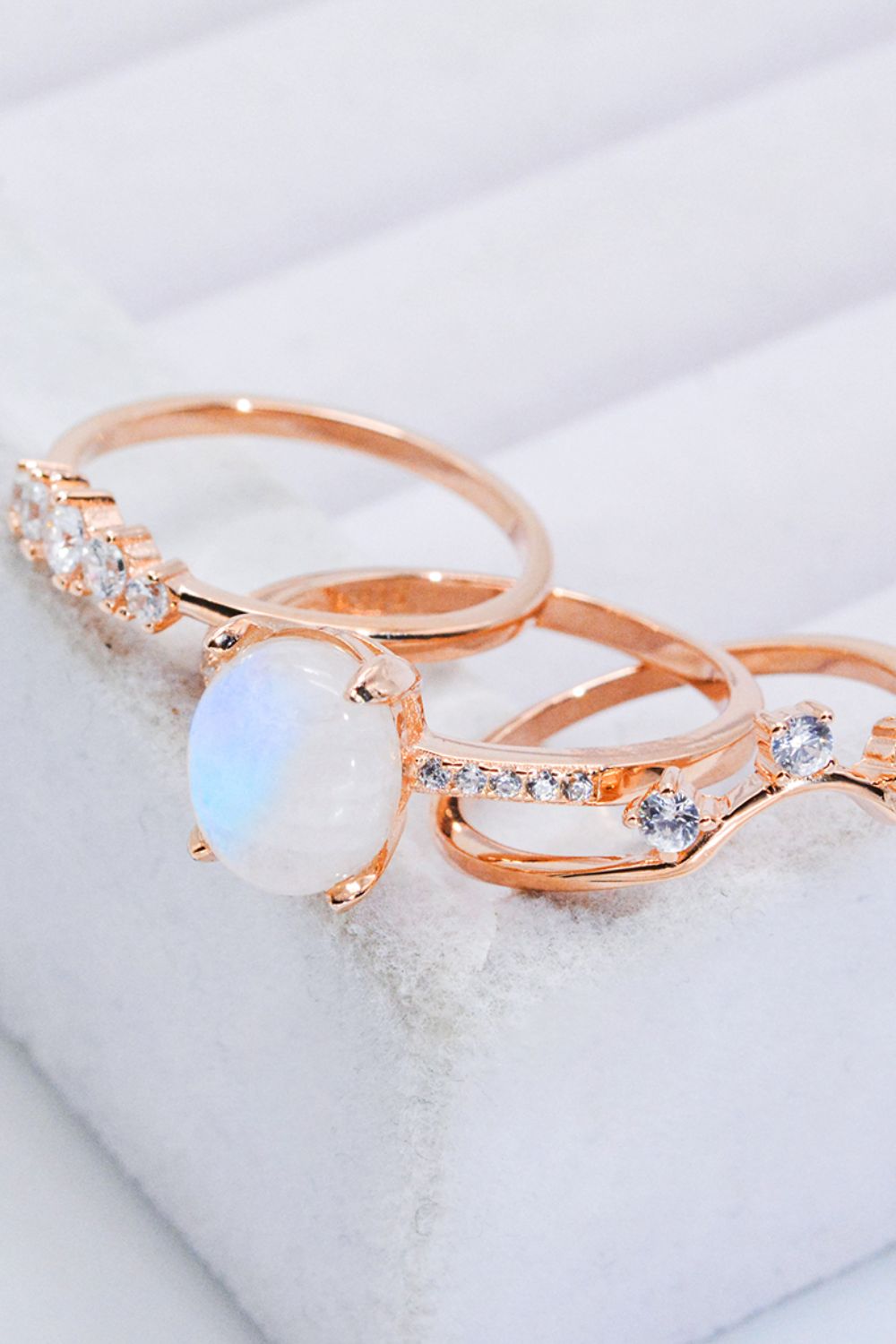 Natural Moonstone and Zircon Three-Piece Ring Set - T - SIZES 6 THRU 9 - 1 FINISH -