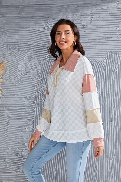 Color Block Exposed Seam Collared Neck Blouse - T - 1 COLOR -