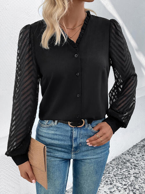 Mesh V-Neck Button Front Blouse - T - 1 COLOR -