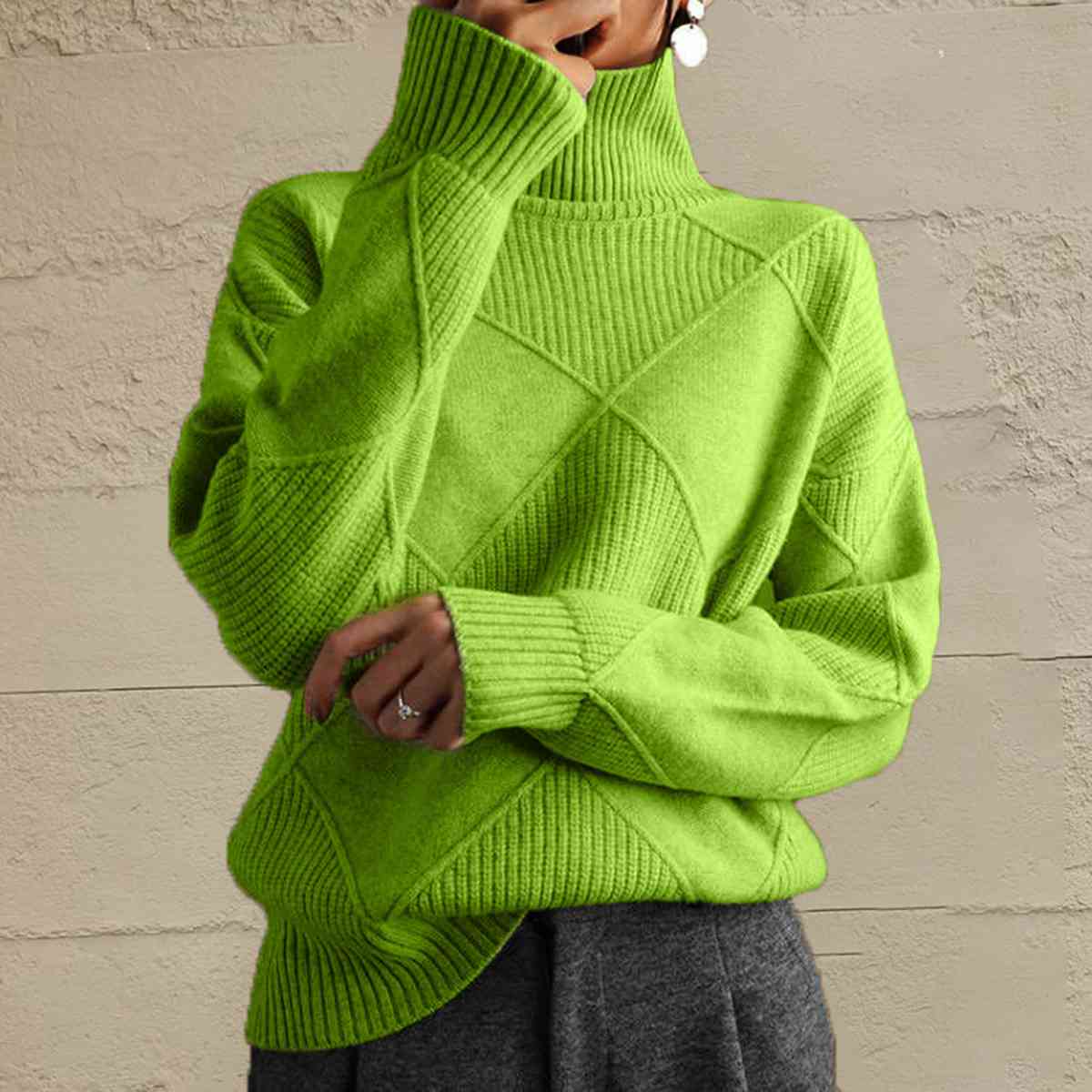 Geometric Turtleneck Long Sleeve Sweater - T - 8 COLORS -