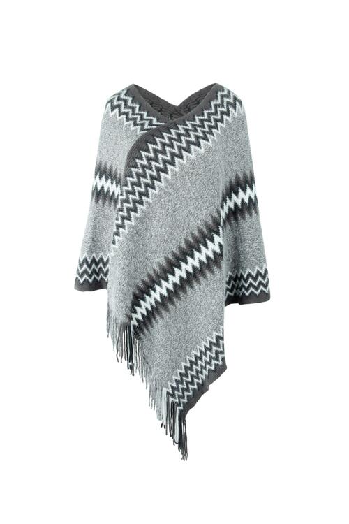 Fringe Hem Striped Cape Sleeve Poncho - T - 5 COLORS -