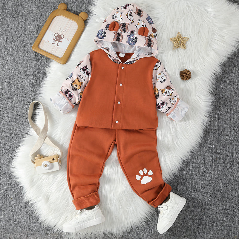 Long Sleeve Cat Pattern Hoodie and Pants Set - T - 2 PCS. - 1 COLOR -