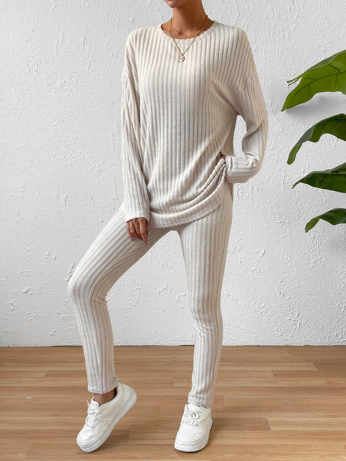 Ribbed Top and Pants Lounge Set - 2 PCS. - T - 1 COLOR -