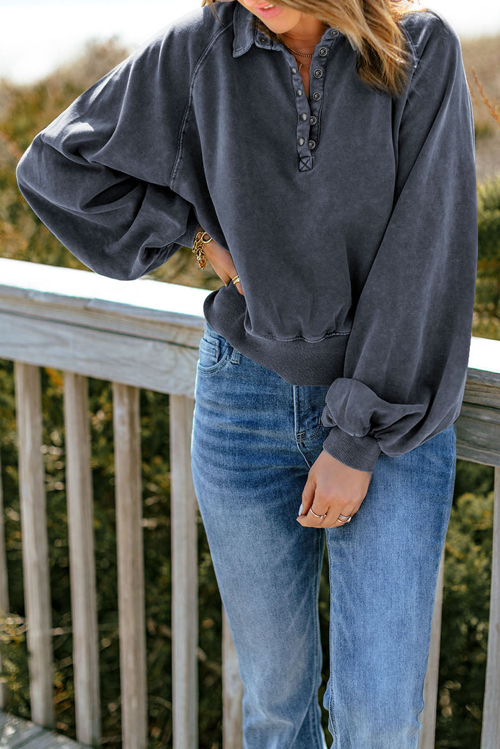 Quarter-Snap Collared Lantern Sleeve Sweatshirt - T - 4 COLORS -