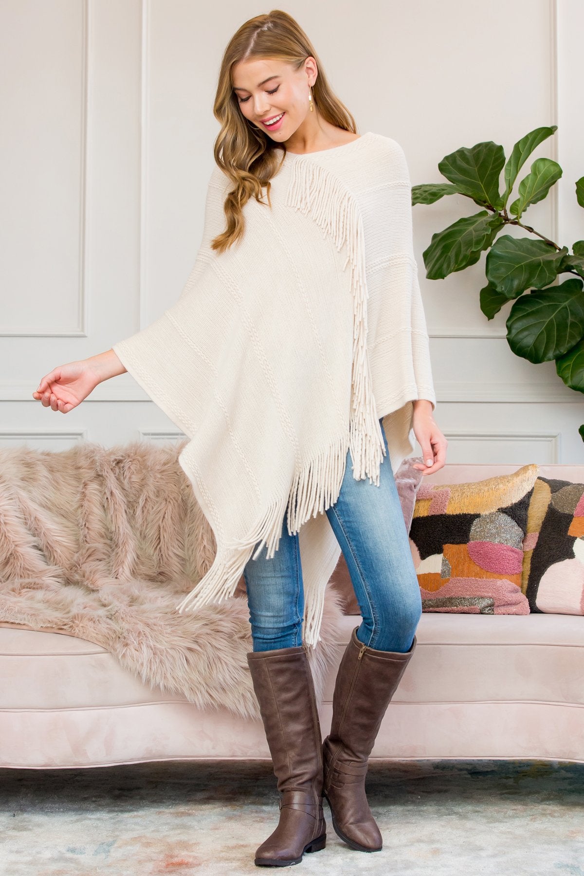 Riah Fashion - Beige Asymmetric Fringe Poncho - 1 COLOR -