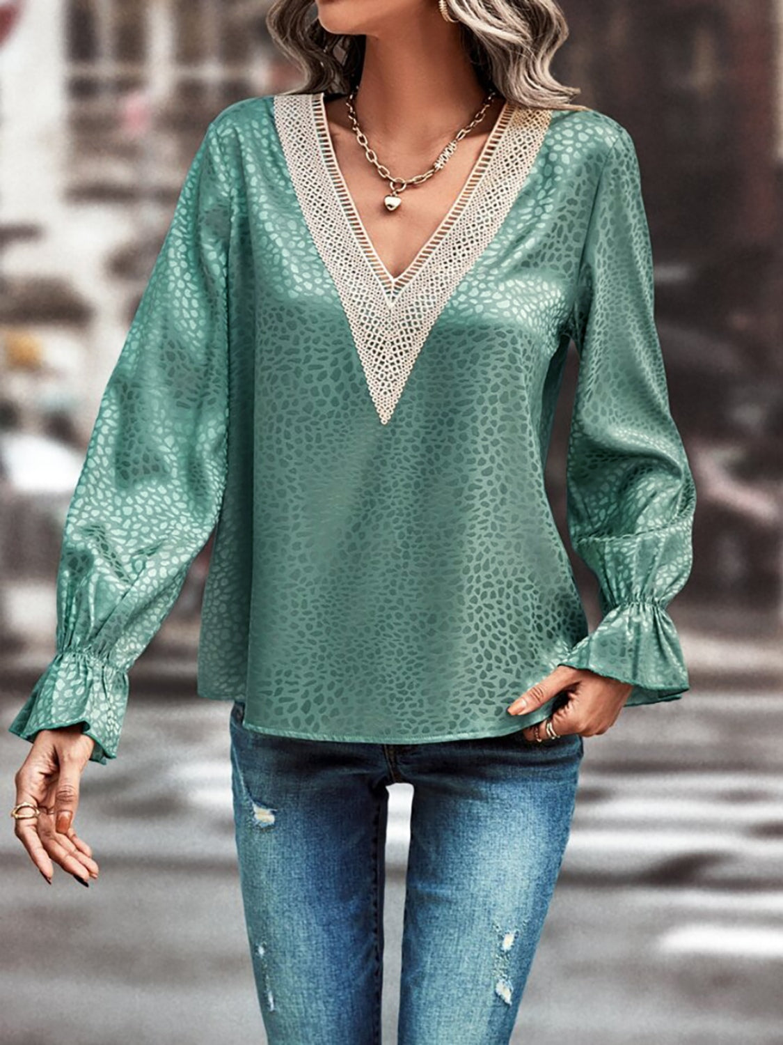 V-Neck Flounce Sleeve Blouse - T - 2 COLORS -