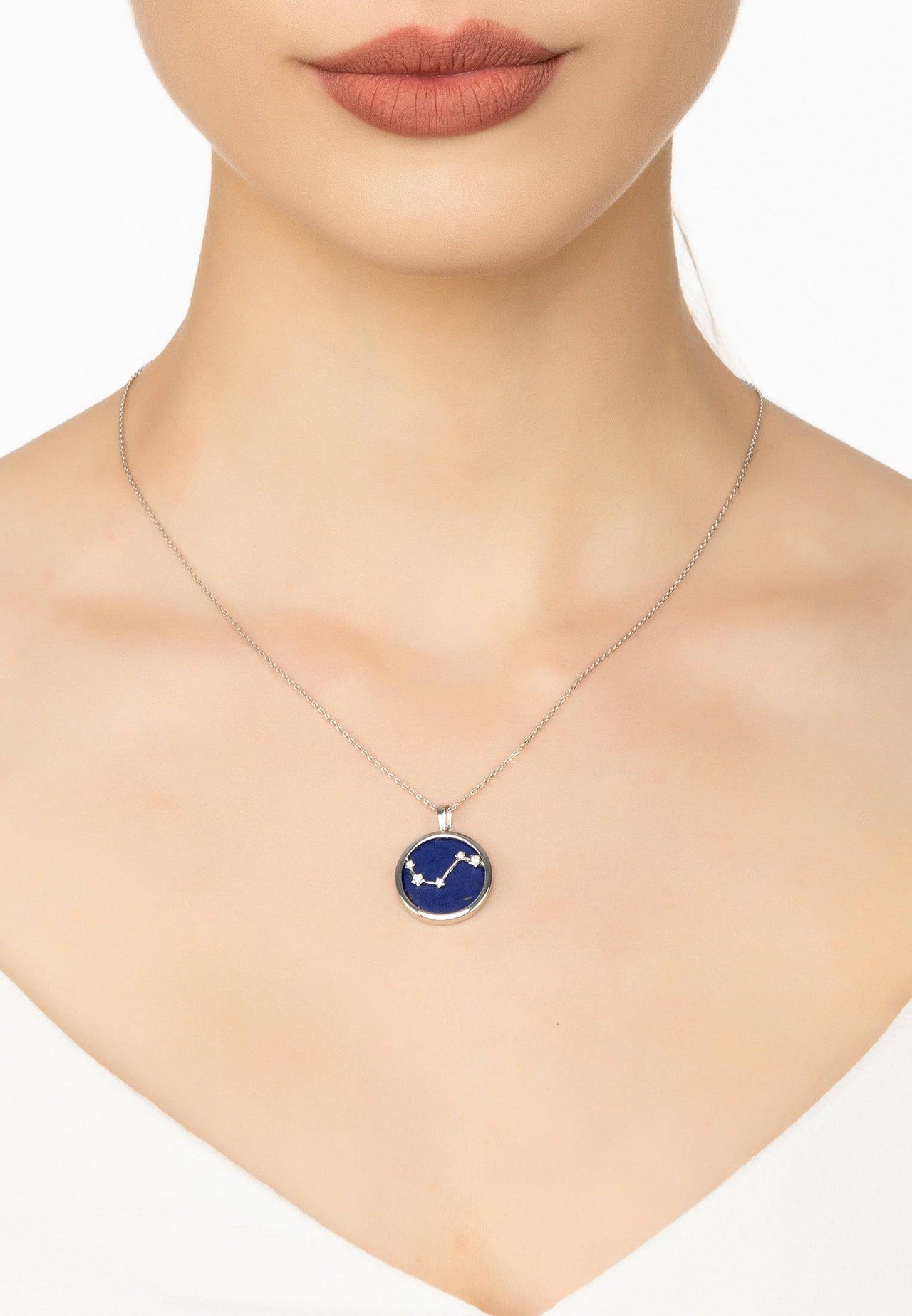 Zodiac Lapis Lazuli Gemstone Star Constellation Pendant Necklace Silver Aries -