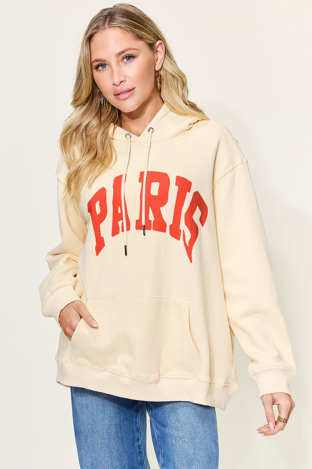 Simply Love Full Size PARIS Long Sleeve Drawstring Hoodie - T - 5 COLORS -