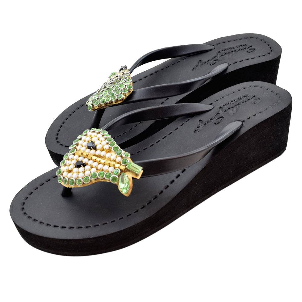 SAND BY SAYA N.Y. - Pear - Rhinestone Mid Wedge Flip Flops - 2 COLORS -