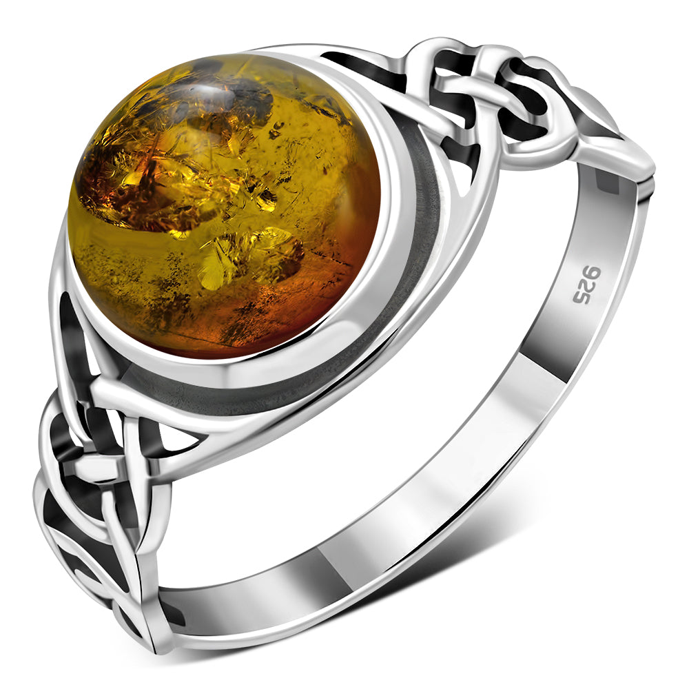 Creidne - Baltic Amber Celtic Sterling Silver Ring - 7 SIZES -