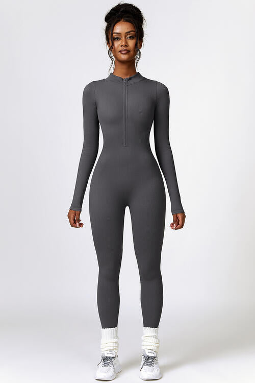 Half Zip Long Sleeve Active Jumpsuit - T - 5 COLORS -