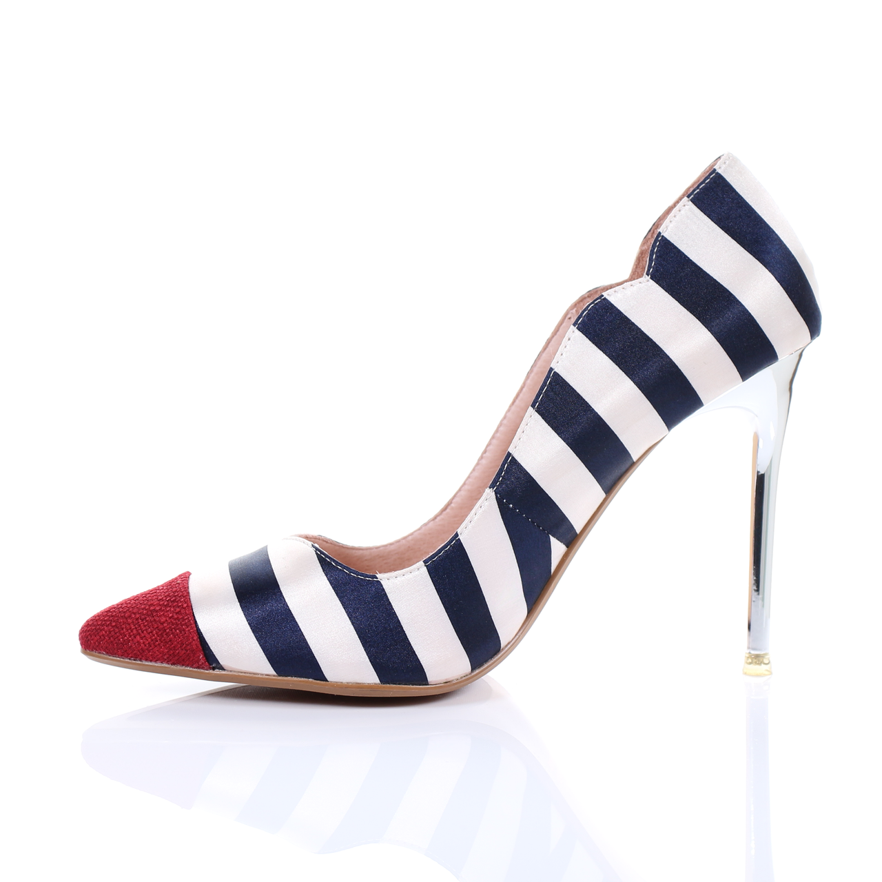 Chrome Heel Two Tone Pointed Toe Pumps (Red)