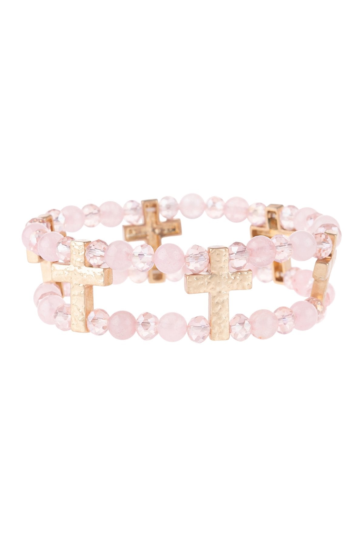 Riah Fashion - Cross Charm Two Line Beaded Bracelet - 4 COLORS -