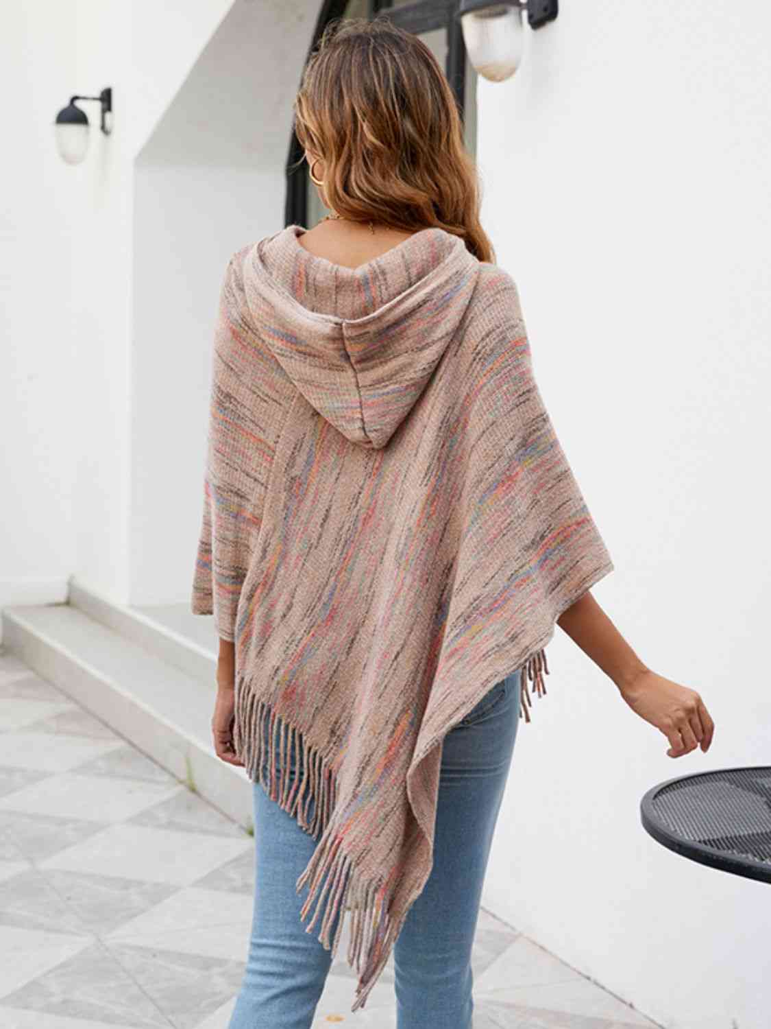 Fringe Hem Hooded Poncho - T - 5 COLORS -