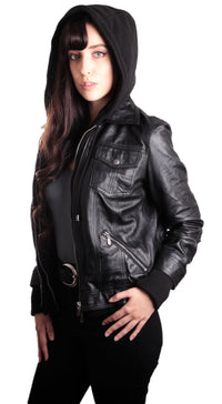 Thumbnail for Fadcloset - Hooded Bomber Womens Leather Jacket - 1 COLOR -