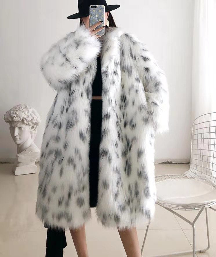 Sharon Tatem - Faux Fox Fur Coat - Casual Snow Leopard Print Fur Jacket - Thick Warm Mid-Long Plush Outer -