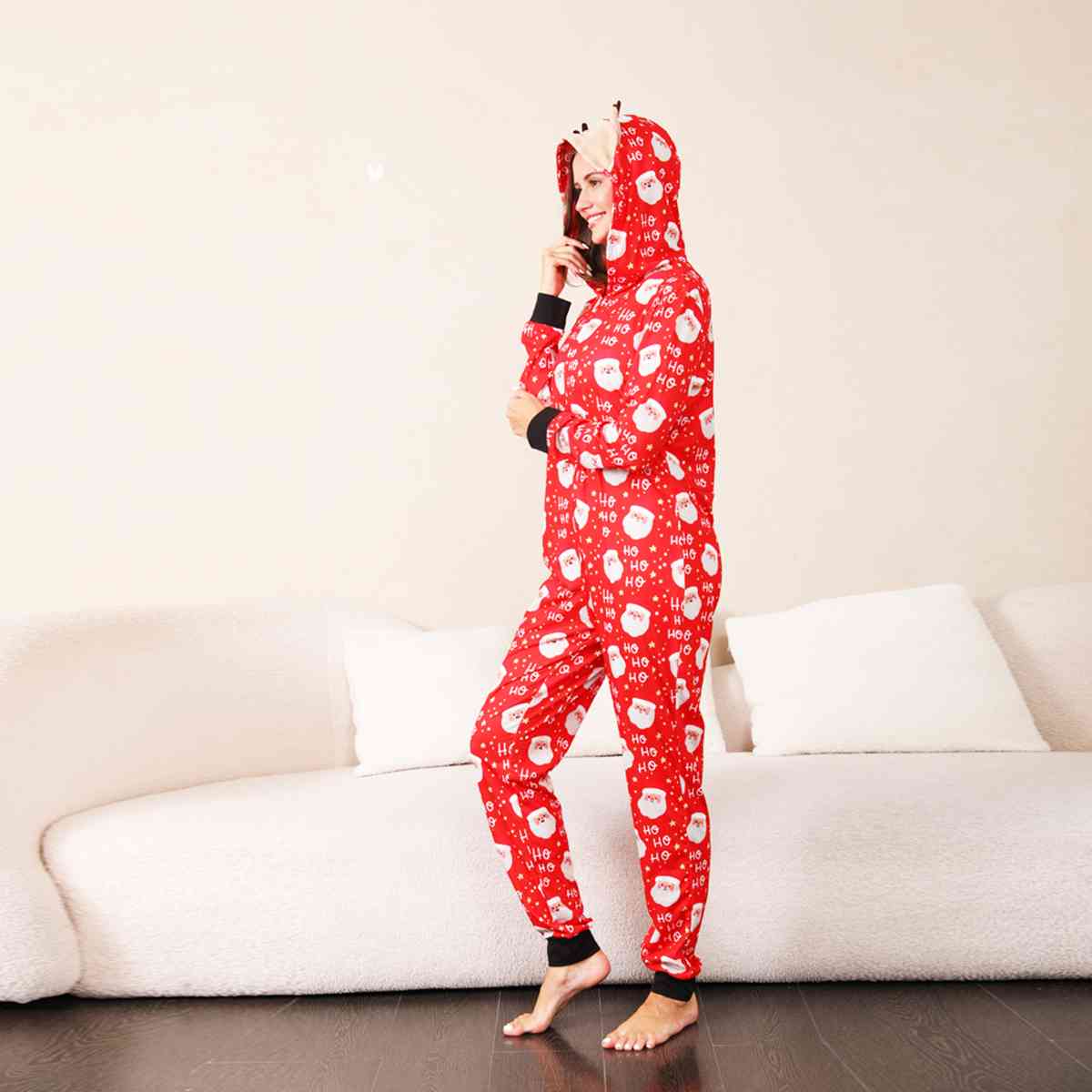 WOMEN Santa Print Hooded Jumpsuit - T -