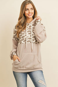 Thumbnail for Riah Fashion - Animal Print Contrast Hoodie With Kangaroo Pockets - 2 COLORS -