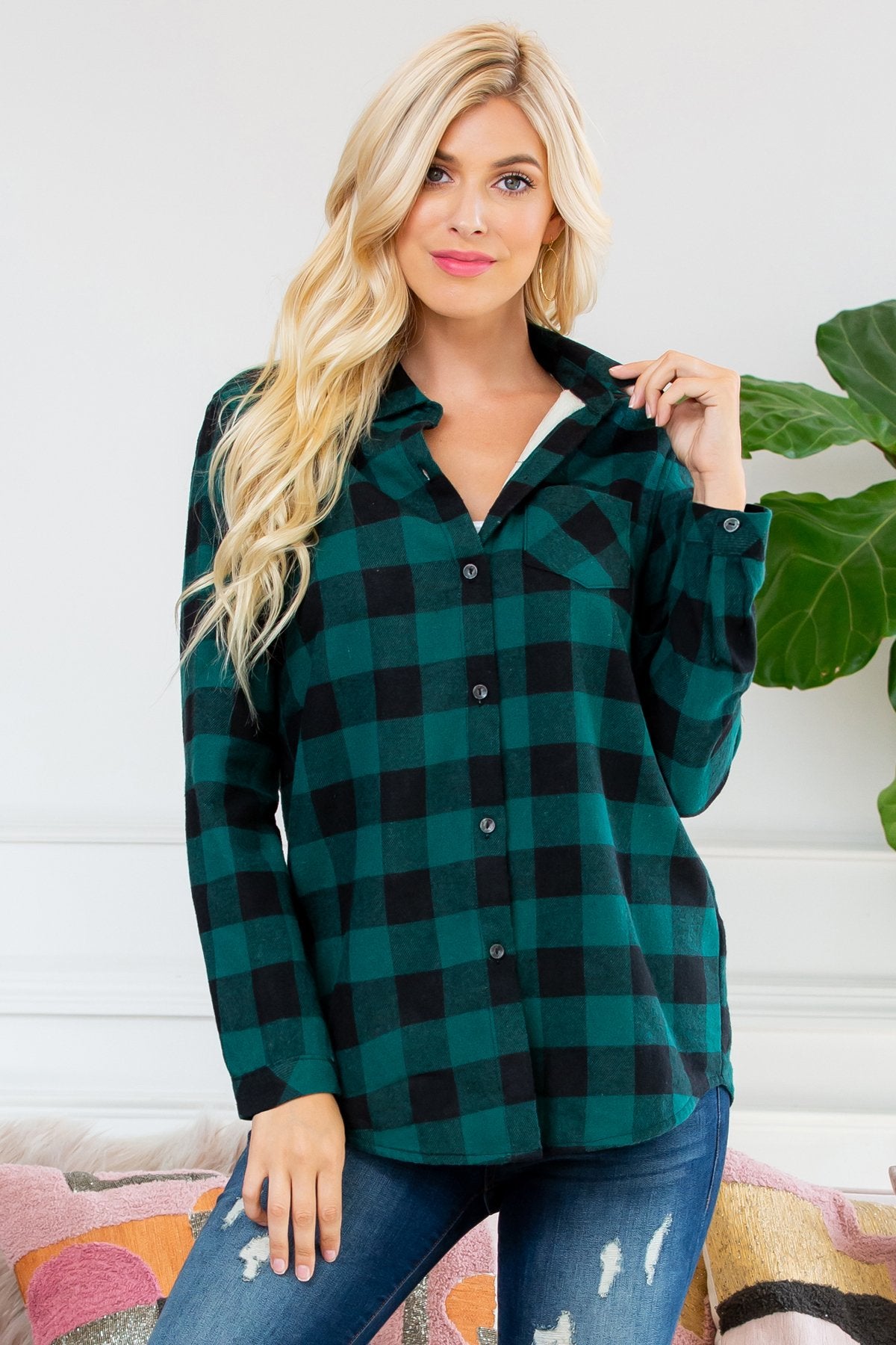 Riah Fashion - Sherpa Lined Plaid Flannel Top - 5 COLORS -