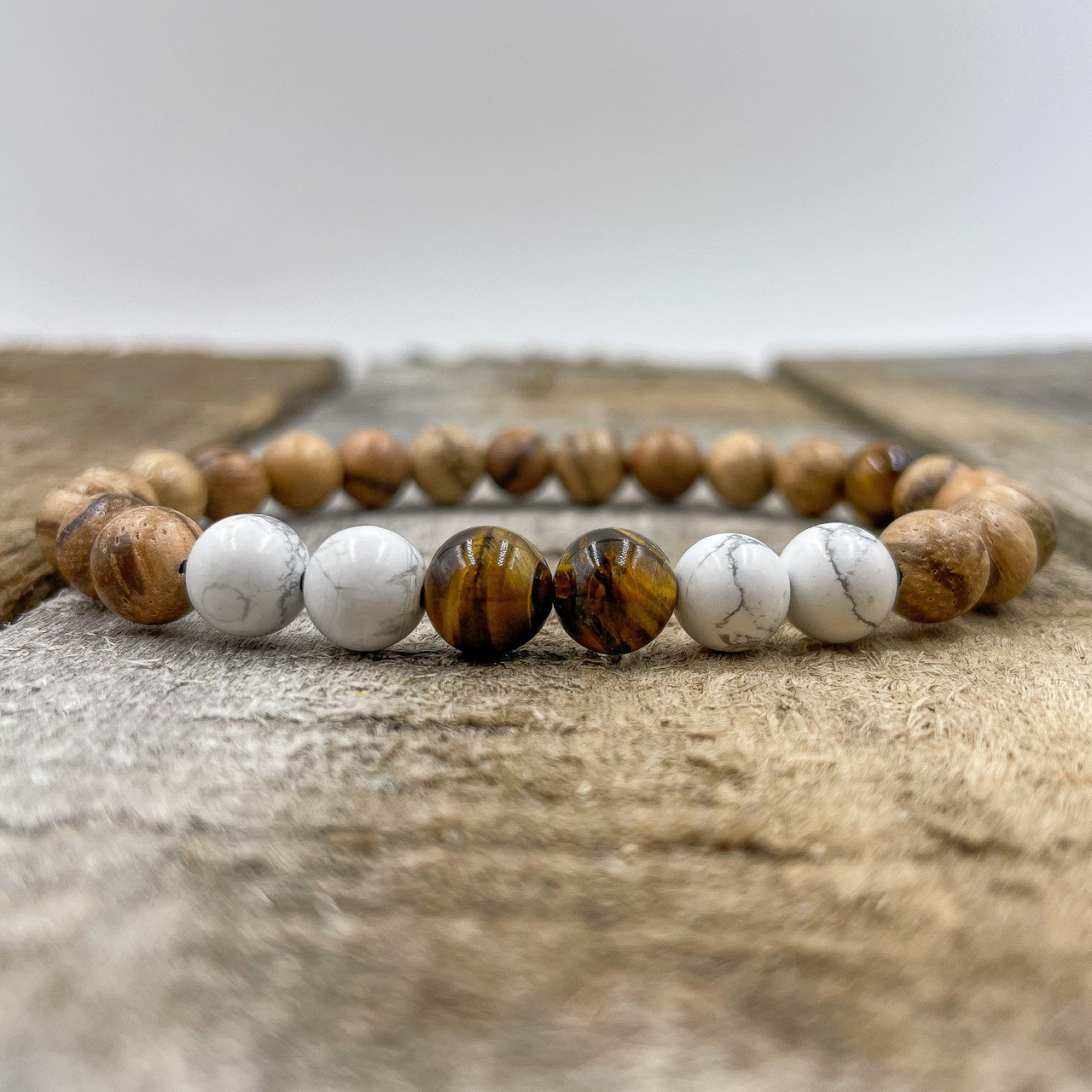 Central - Tigers Eye, White Howlite, & Sandalwood Mala Beaded Bracelet -