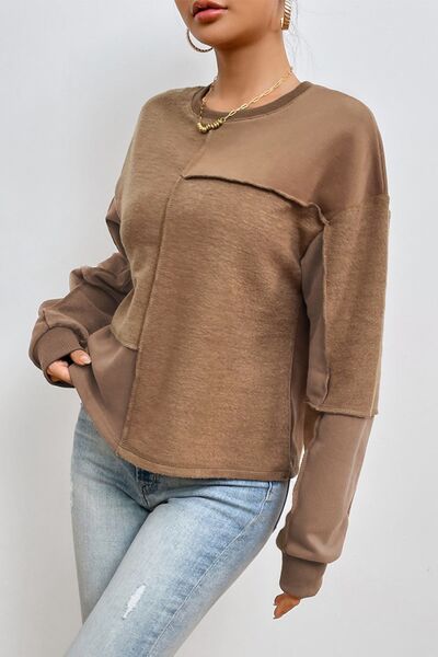 Exposed Seam Round Neck Long Sleeve Sweatshirt - T - 1 COLOR -