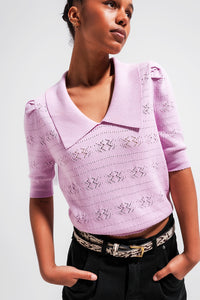 Thumbnail for Q2 - Knitted Pointelle Polo Neck Jumper in Pink - 1 COLOR -