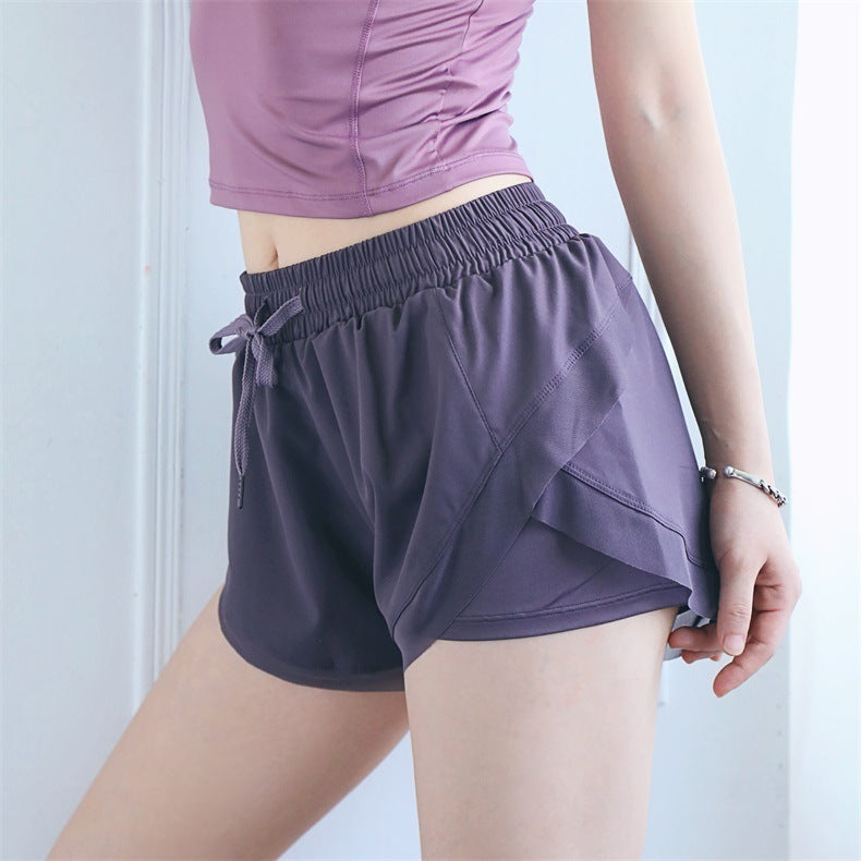 New Fake Two Piece Gym Shorts Women High Waist Elastic Tight Sports Yoga Pants - K - 3 COLORS -