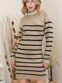 Thumbnail for Striped Round Neck Long Sleeve Sweater Dress - T - 1 COLOR -