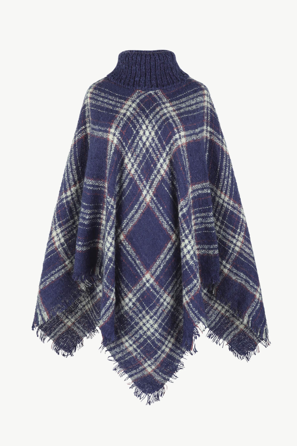 Plaid Turtleneck Fringe Hem Poncho - T - 6 COLORS -