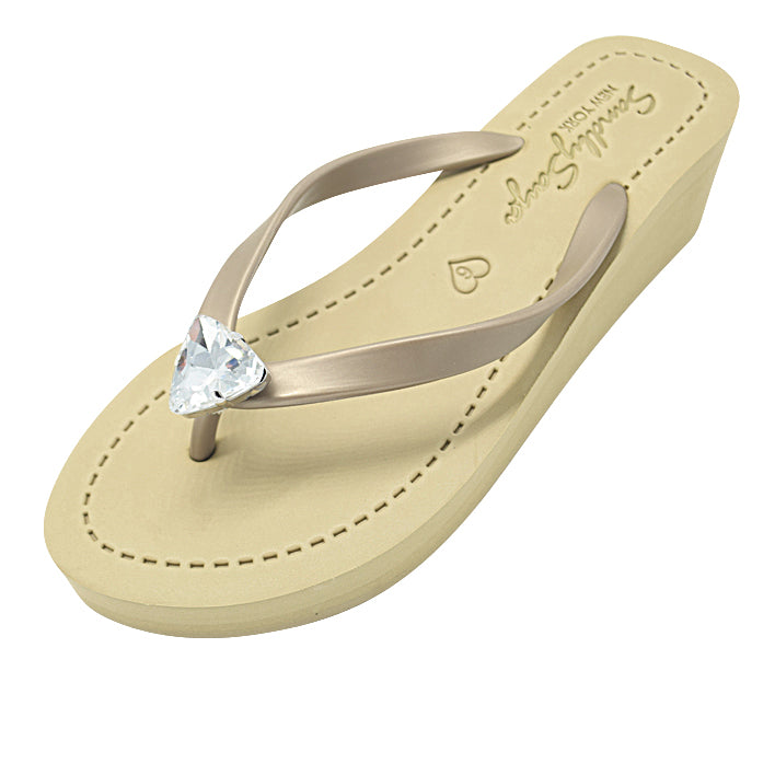 SAND BY SAYA N.Y. - Triangle Studs - Mid Wedge Flip Flops With Crystal Stone - 2 COLORS -