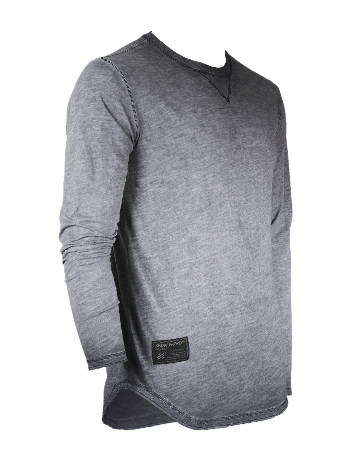 Mens Long Sleeve Crewneck Oil Wash Vintage Raw Edge Hem T Shirt - 1 COLOR