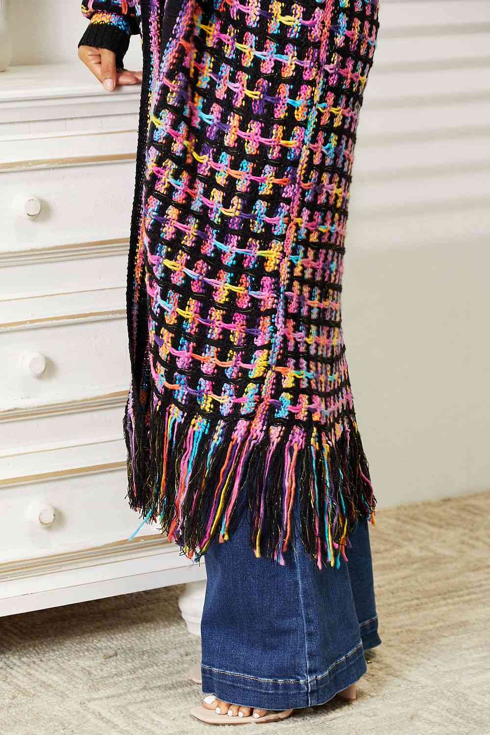 Double Take Full Size Multicolored Open Front Fringe Hem Cardigan - T - SIZES S THRU 3XL - 1 COLOR -