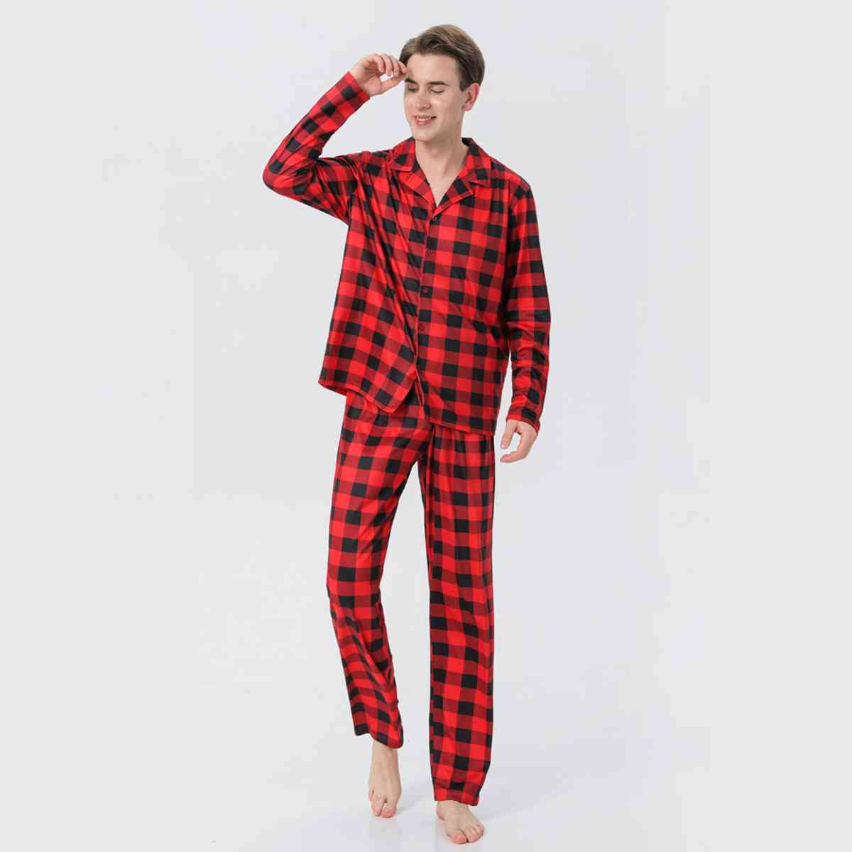 MEN Plaid Collared Neck Shirt and Pants Set - T -