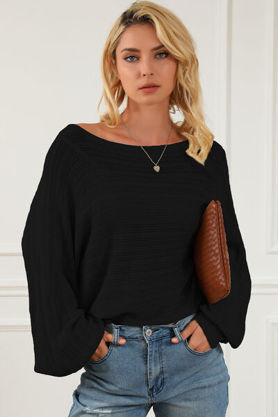 Openwork Boat Neck Lantern Sleeve Sweater - T - 4 COLORS -