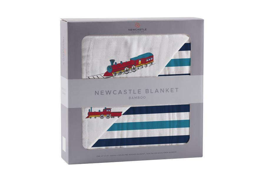 Vintage Steam Trains and Blue Stripe Bamboo Muslin Newcastle Blanket -