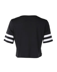 Thumbnail for Women's Short Sleeve Crewneck Baseball Varsity Stripe Crop Top Tee - 1 COLOR -