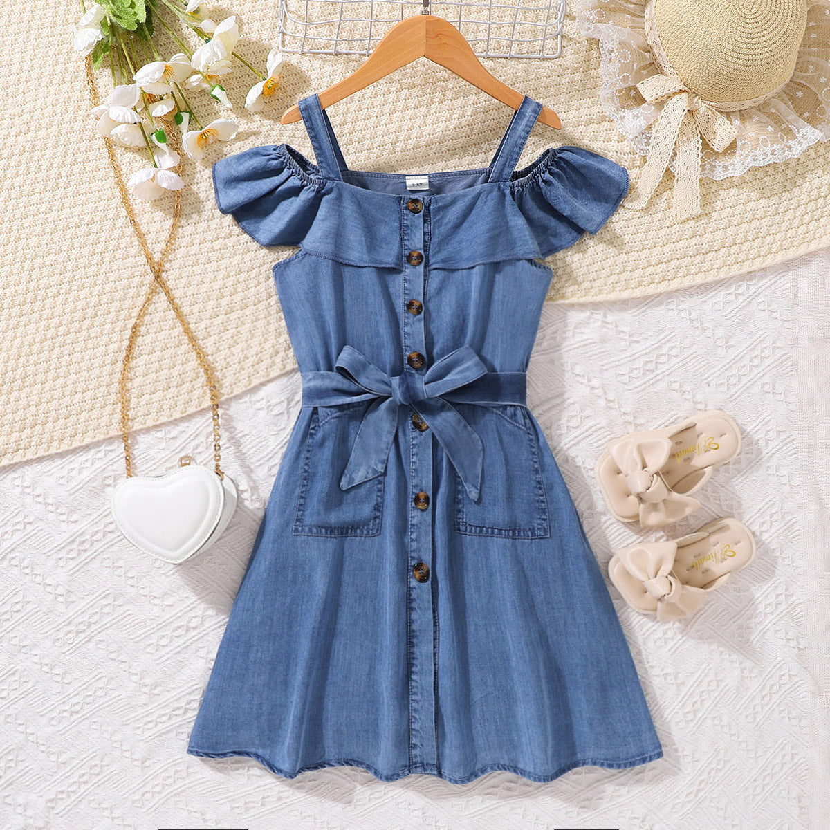 Girls Cold-Shoulder Buttoned Denim Dress - T - 5 SIZES - 1 COLOR -