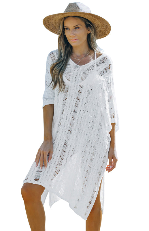 White Knit Hollow-out Beach Cover up Dolman Sleeves Side Slits Dress - K - 1 SIZE FITS ALL - 1 COLOR -