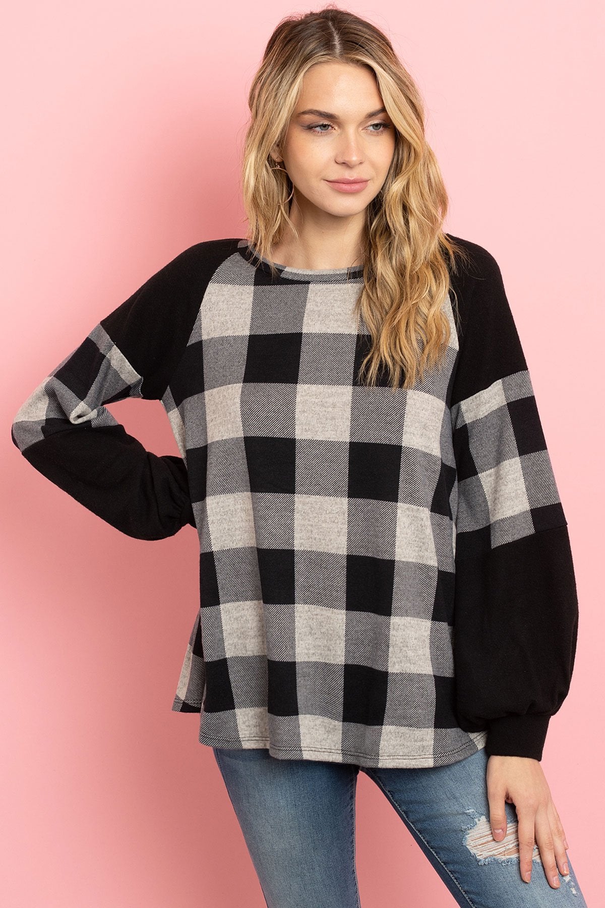 Riah Fashion - Solid Contrast Puff Sleeves Plaid Top - 3 COLORS -