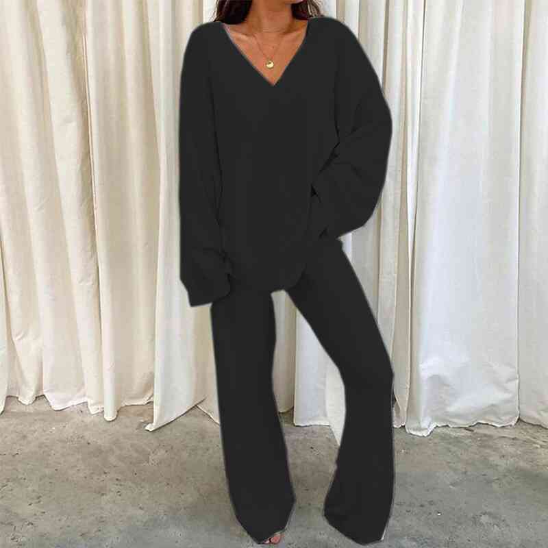 V-Neck Long Sleeve Top and Long Pants Set - 2 PCS. - T - 5 COLORS -