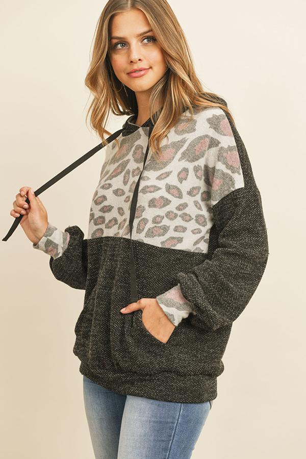 Riah Fashion - Animal Print Contrast Hoodie With Kangaroo Pockets - 2 COLORS -